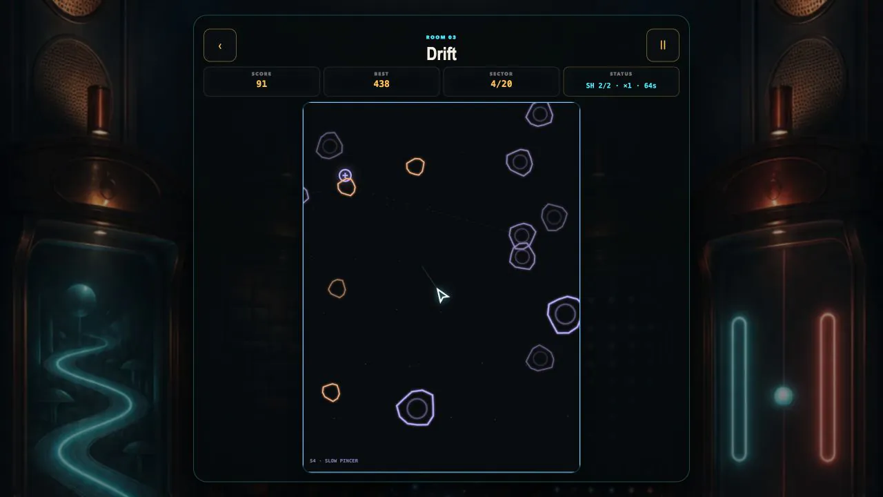 Five After Midnight Drift room in progress, with the ship weaving through a dense asteroid field