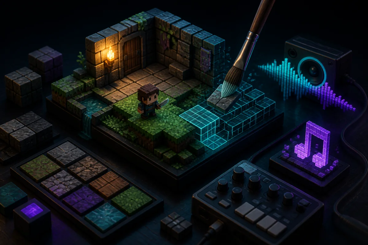 Game-design workbench combining a miniature playable world, texture materials and an 8-bit sound motif