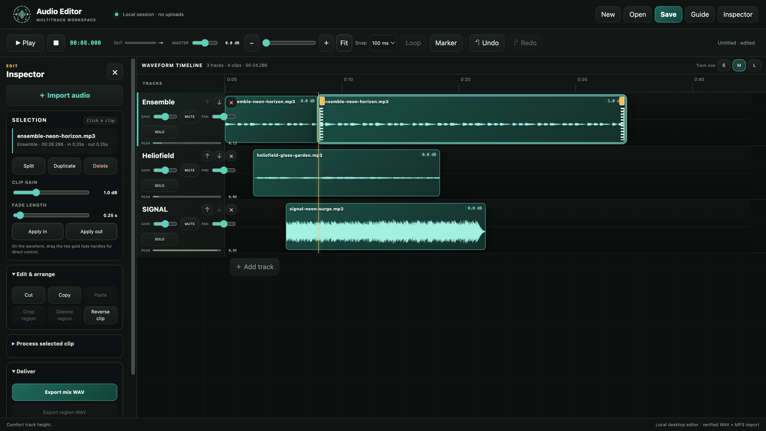 Actual Audio Editor multitrack workspace with three Studio mixes, four edited clips, varied waveforms, an eight-second playhead, track controls, and the selected-clip inspector.