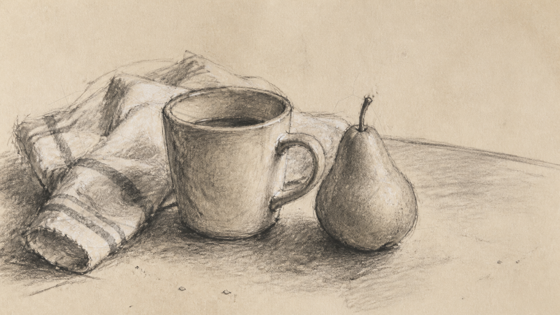 Loose charcoal still life of a slightly uneven coffee mug, pear, and rumpled tea towel exported from Charcole on warm rag paper.