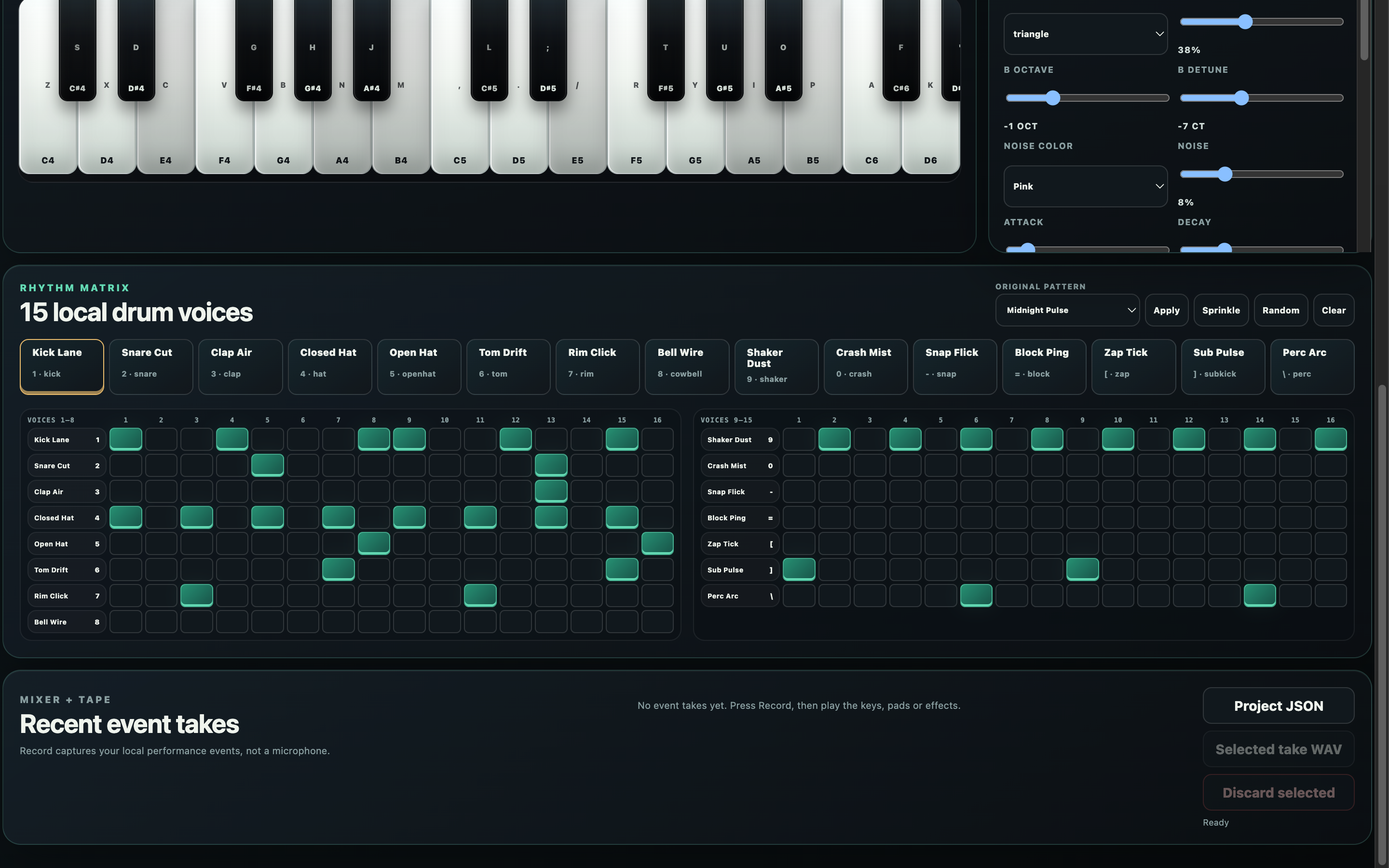 SIGNAL rhythm workspace showing all fifteen local drum voices arranged as compact eight-voice and seven-voice banks with one shared sixteen-step playhead.