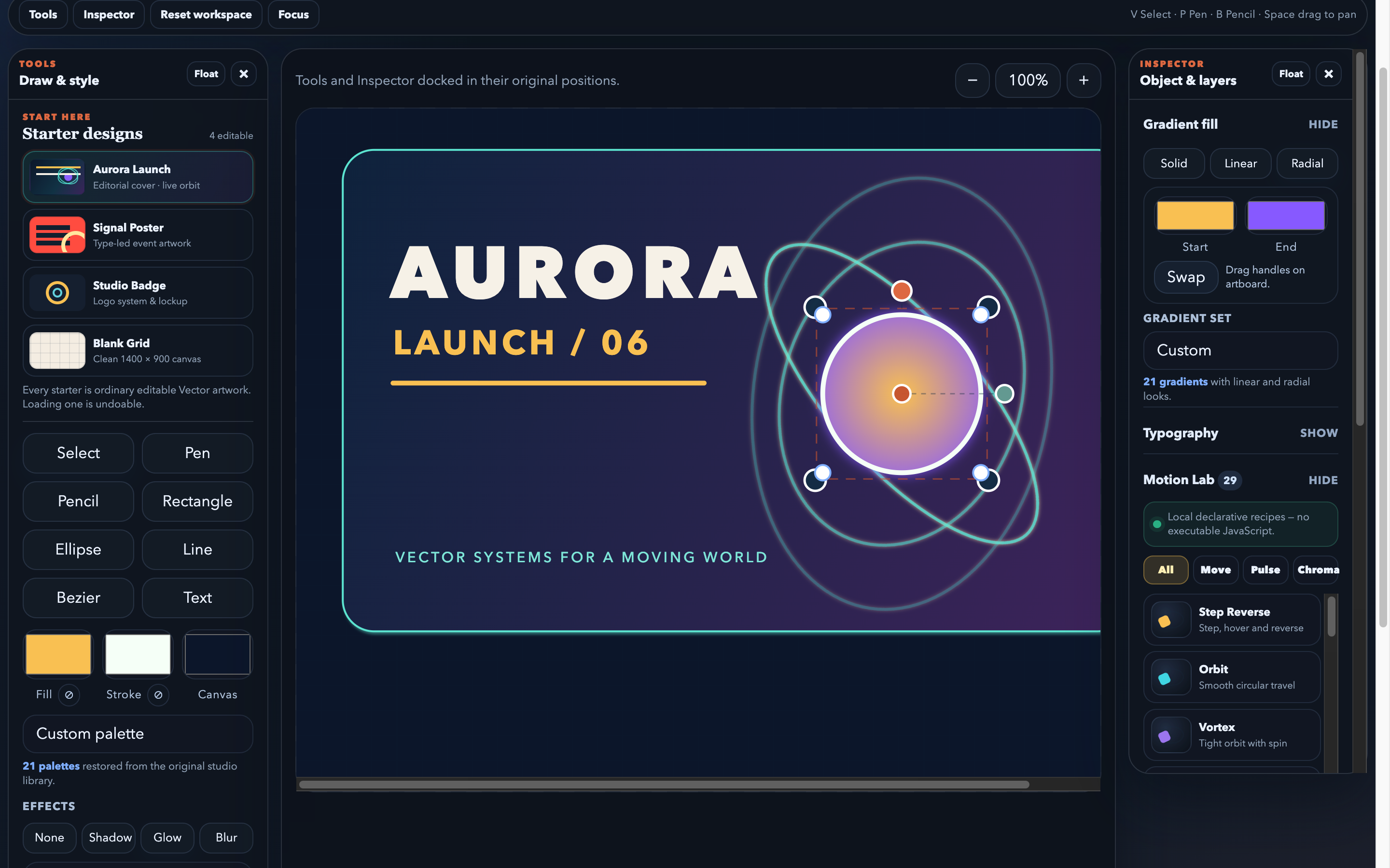 Vector Studio 6 Aurora Launch project with drawing tools, object inspector, and the guarded continuous Motion Lab visible.