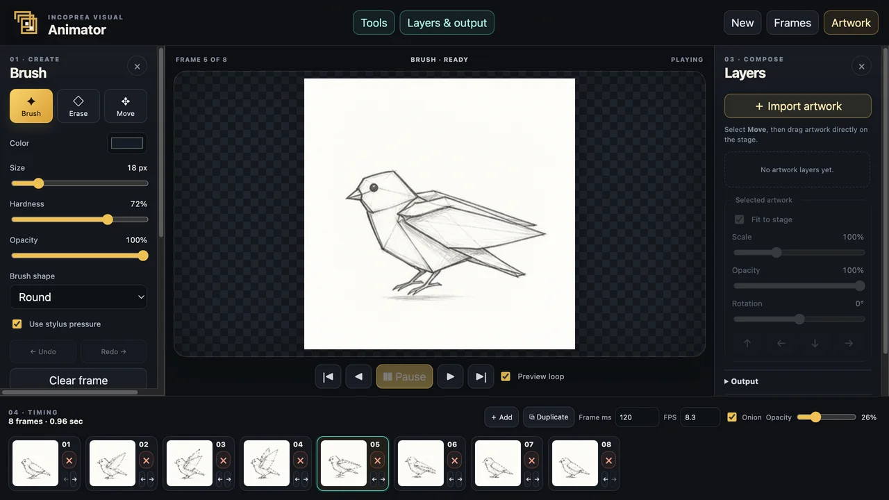 Current Incoprea Animator runtime playing the Paper Bird sketch with all eight frames and the approved Animator mark visible.
