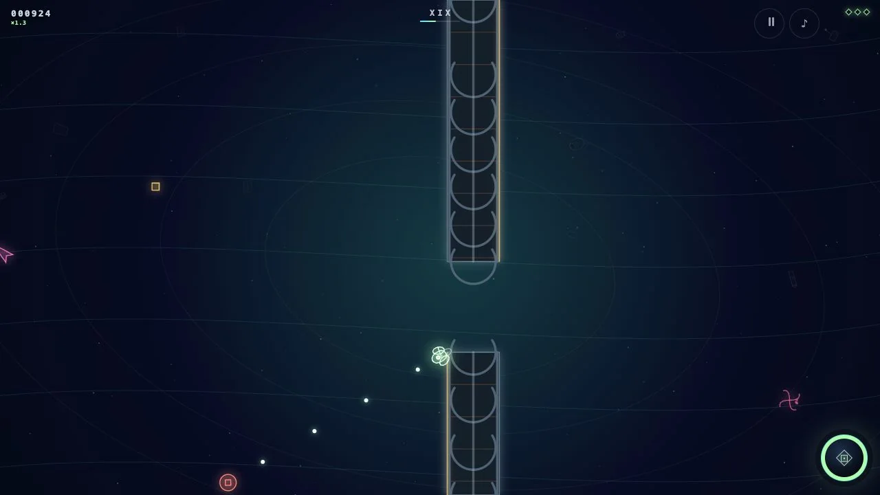 Pulsewake wake-mote weaving through a broken ancient ring amid an angled asteroid field
