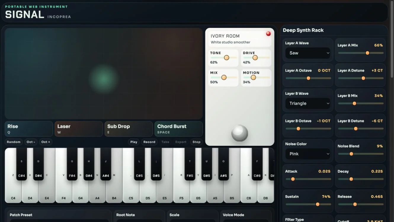 SIGNAL performance instrument with synthesizer keyboard, visualizer, effect pedal and sound controls