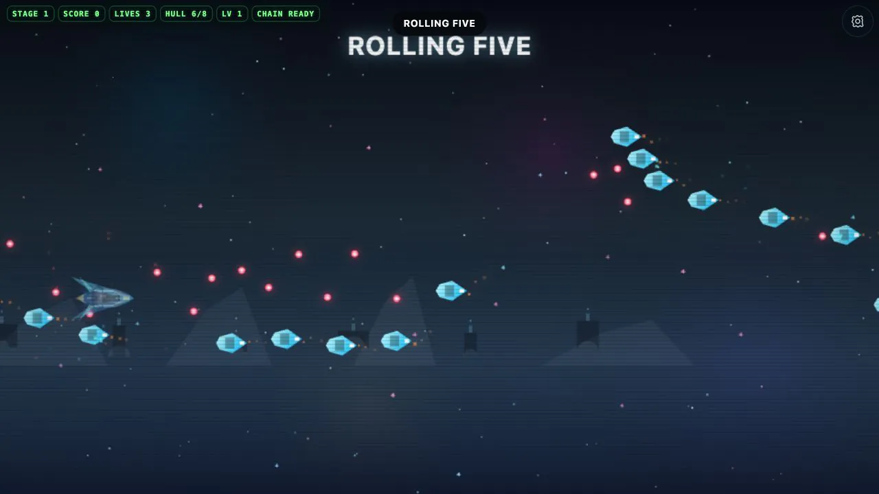 Star Vector ship facing a Rolling Five enemy formation amid neon fire over a moon-base horizon