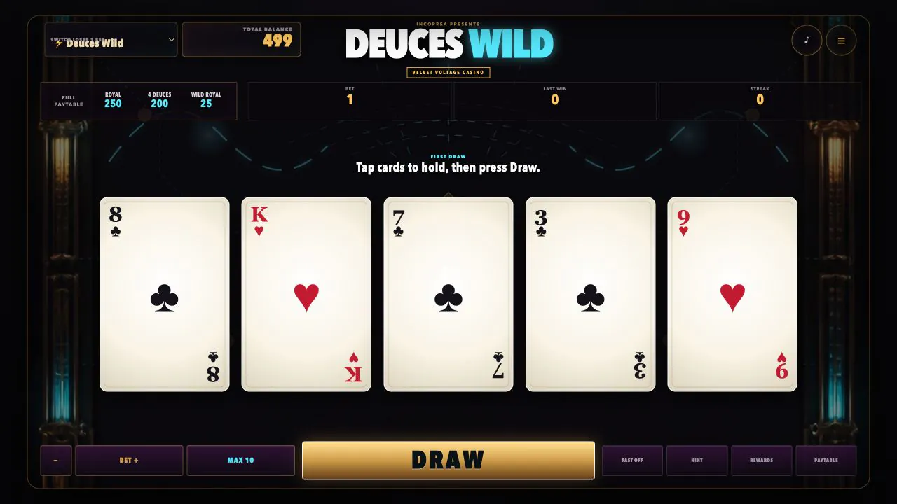 Velvet Voltage Deuces Wild table showing an active five-card first draw and illuminated Draw control