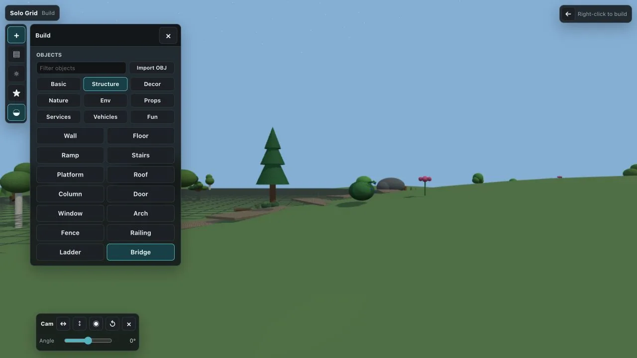 World Studio Solo Grid in Build mode with a populated 3D landscape and the Structure palette open to place a bridge