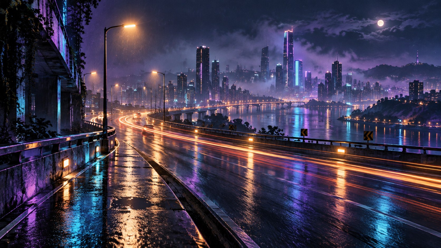 A rain-slick neon boulevard curving toward a luminous city at night