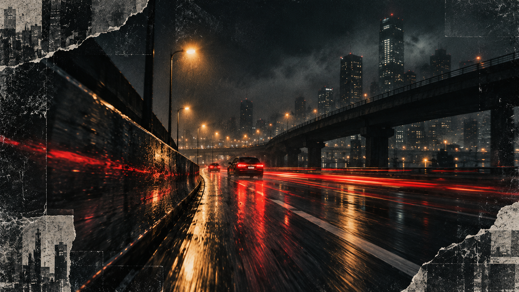 Asphalt Comet track artwork: red taillights streak across a wet elevated motorway beneath a dark city