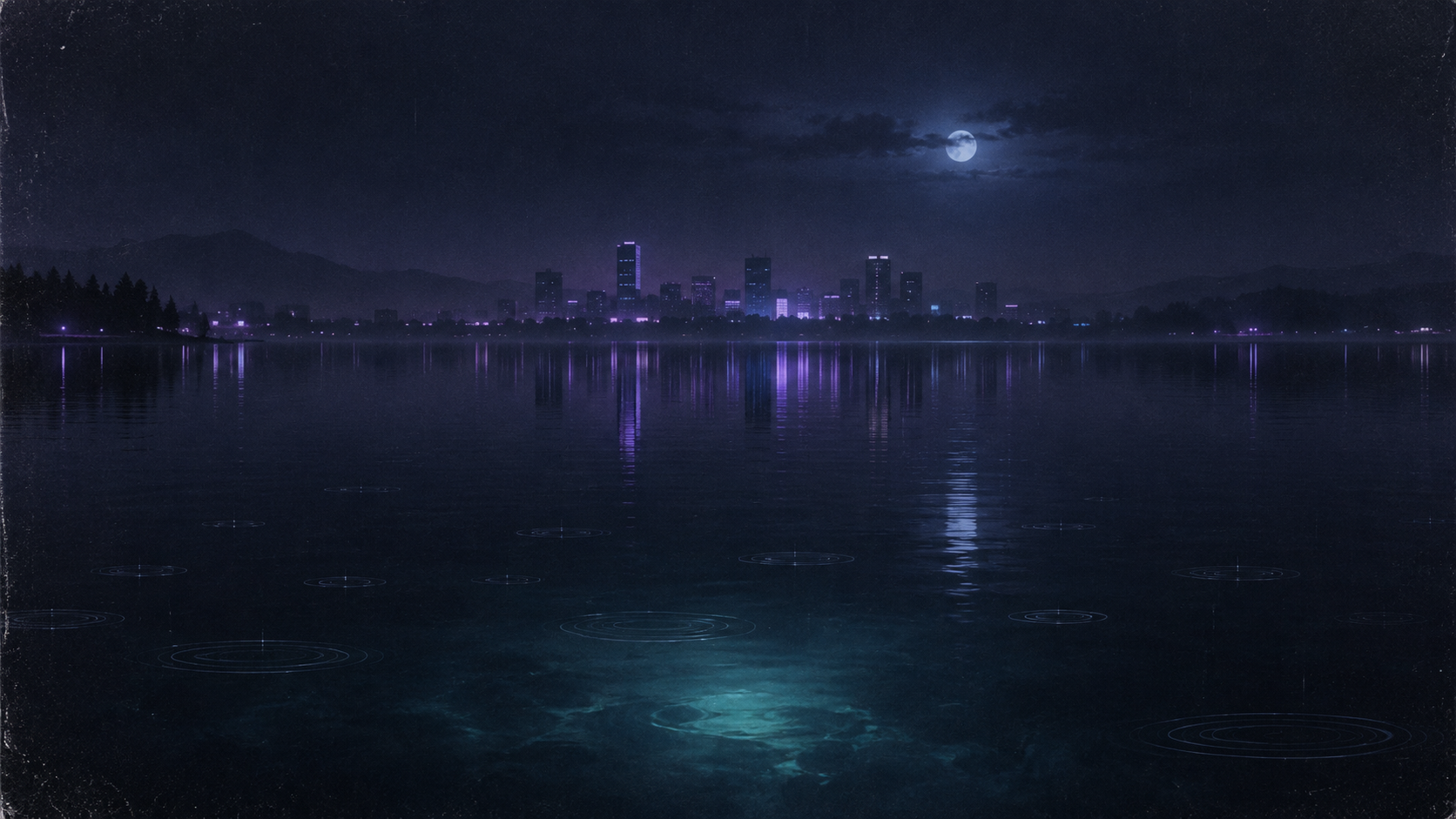 A calm dark lake reflecting a distant violet-blue city under a full moon