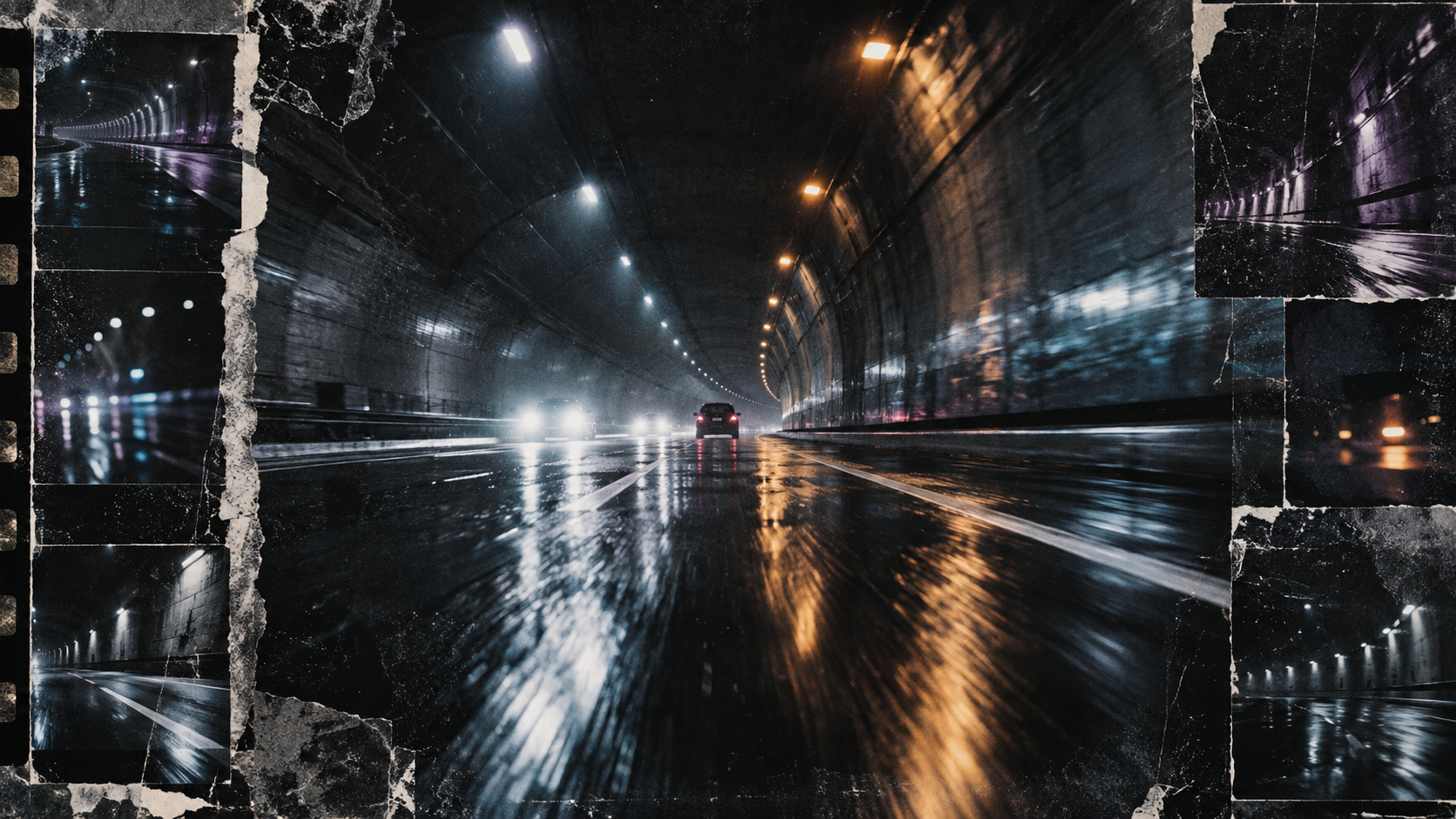 Tunnel Visionaries track artwork: headlights and wet lane lines racing through a long midnight tunnel