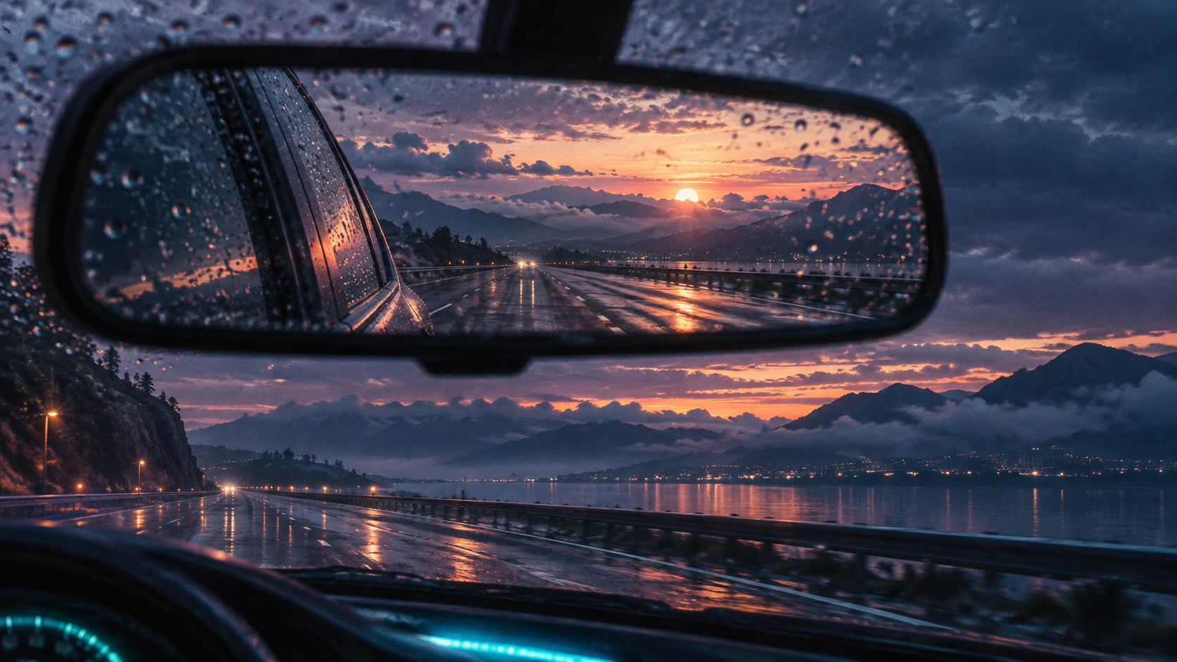 A rain-speckled rearview mirror framing a sunrise highway through mountains