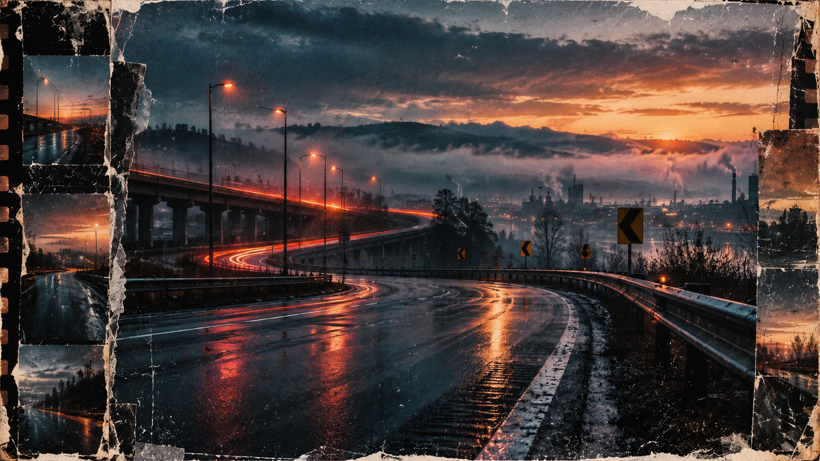 Exit Signs in Slow Motion track artwork: a rain-darkened motorway interchange glowing against a rust-colored dawn
