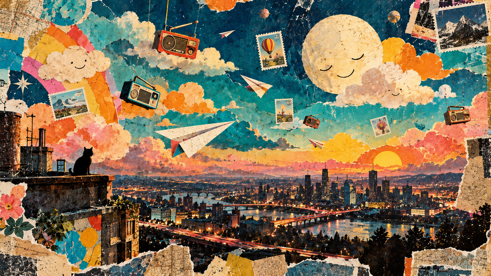 Cloud Atlas Arcade track artwork: a paper-collage sky of clouds, radios, stamps, and paper airplanes