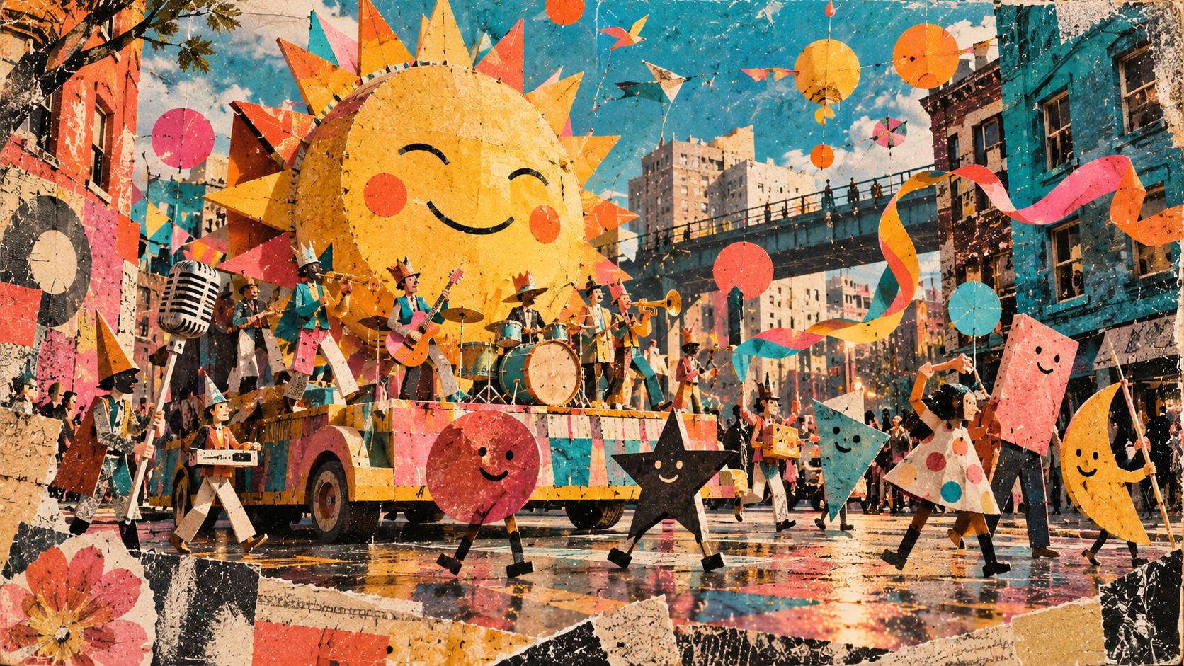 Plastic Sun Parade track artwork: a joyful cut-paper parade with a giant sun, musicians, and ribbons