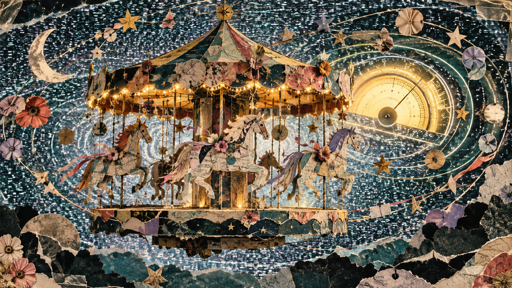 Carousel in the Static track artwork: a paper carousel floating before a starry television-static radio dial