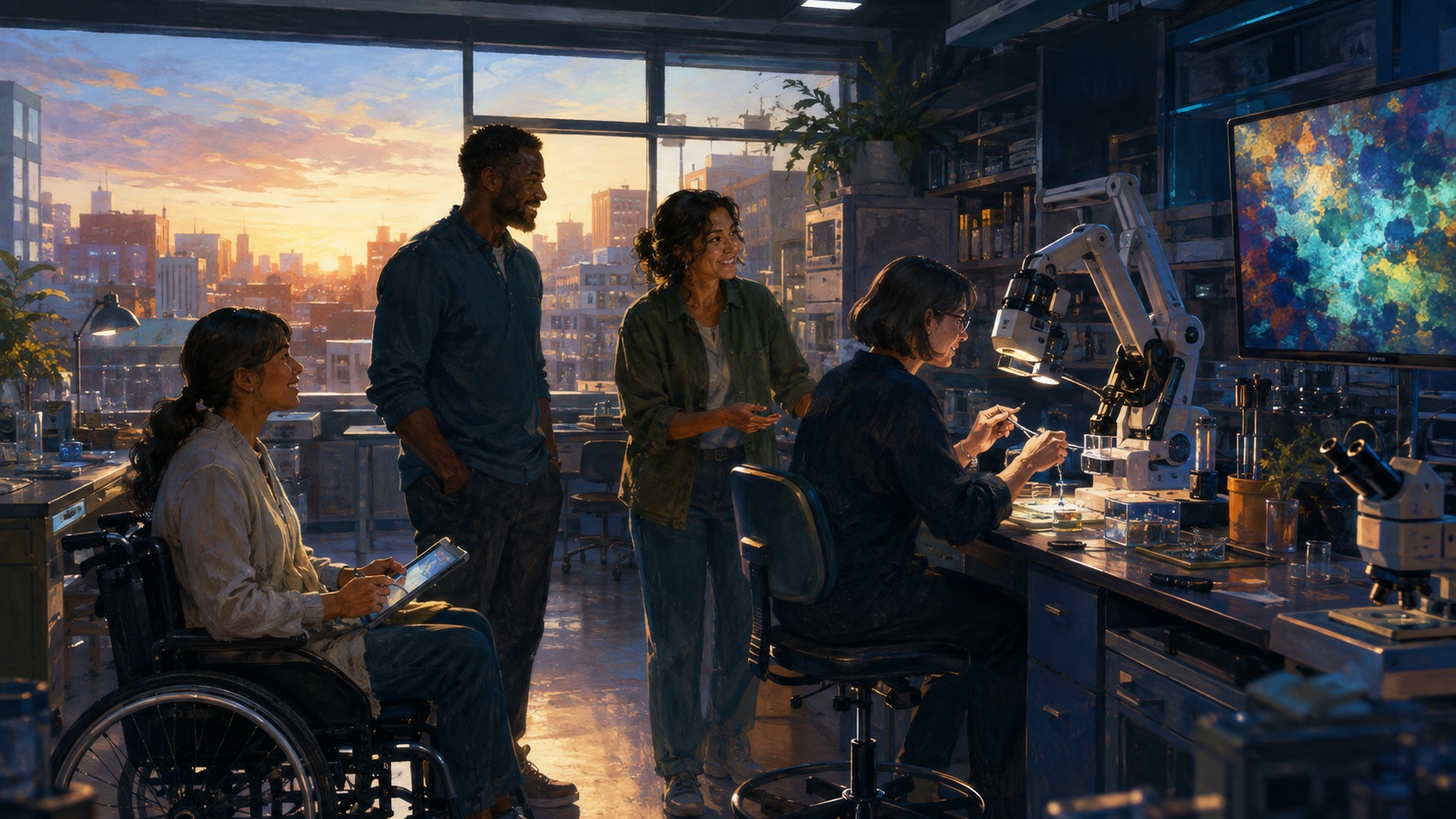 Fictional near-future laboratory where a diverse team of scientists works with an assistive robotic arm in warm dawn light.