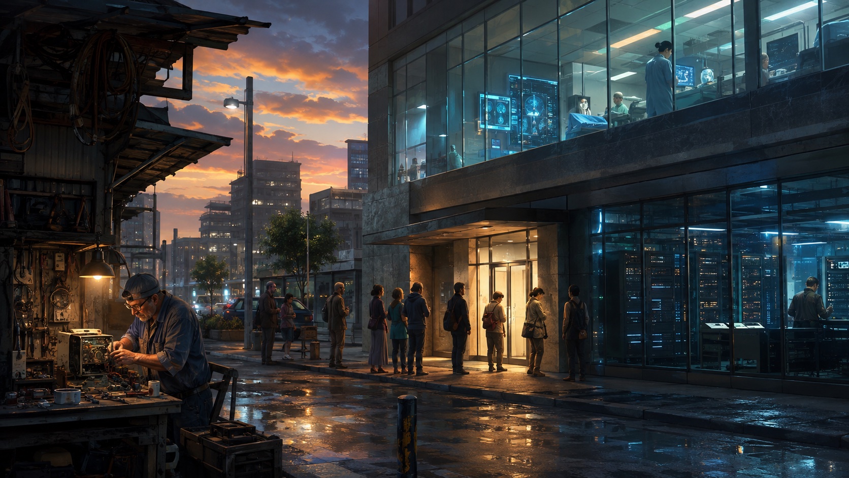 Fictional city at dusk with an AI-equipped hospital and server facility beside a repair workshop and people waiting for service.