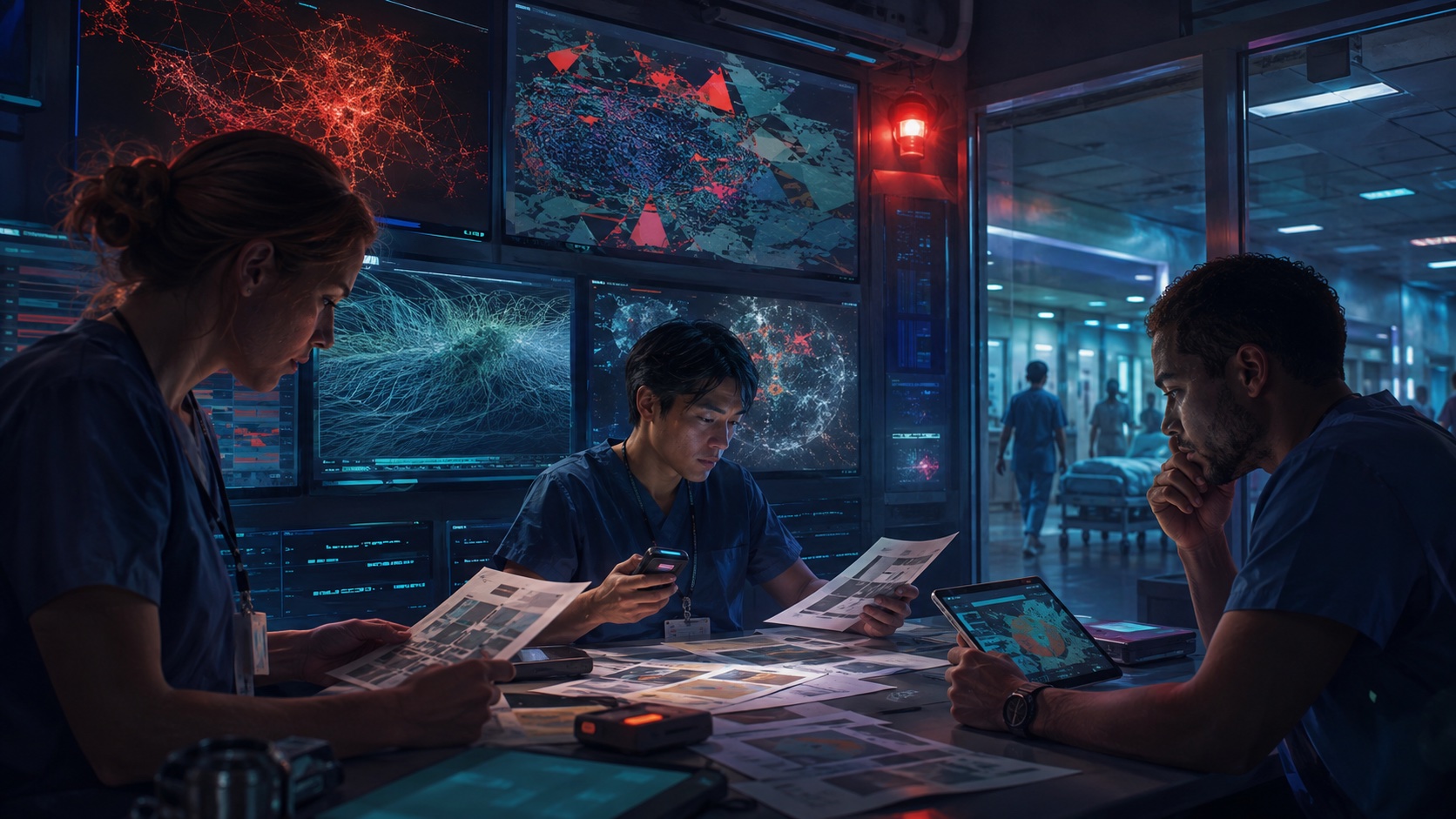 Fictional hospital control room where staff compare paper records and devices while wall displays show conflicting information.