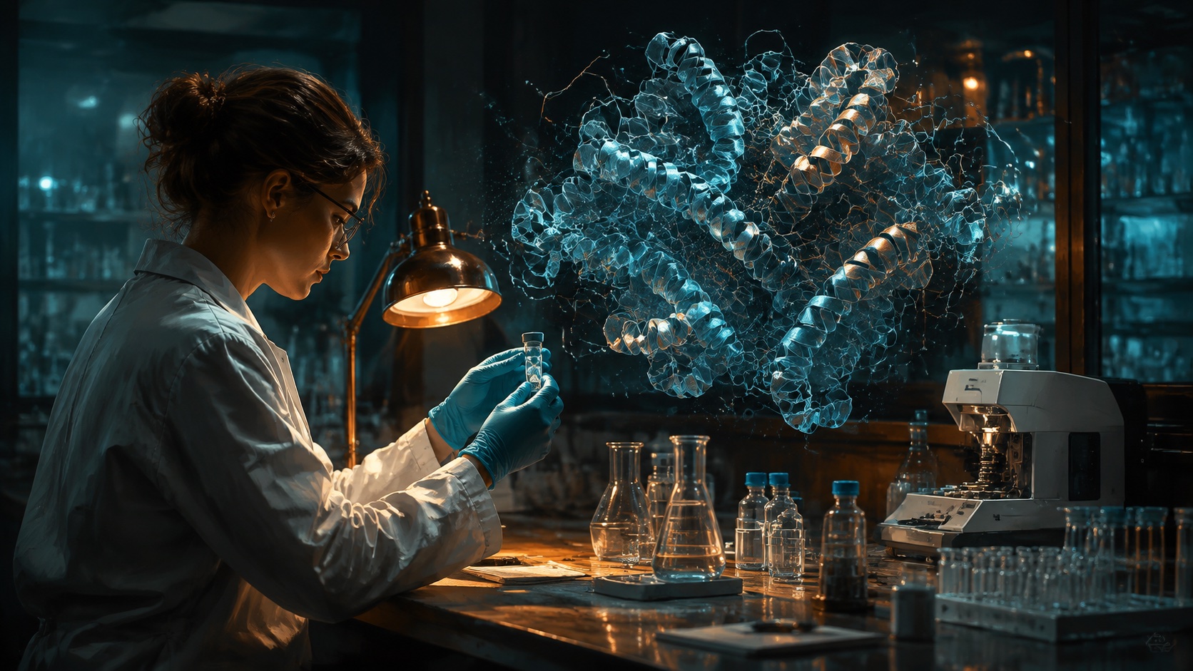 Conceptual illustration of a scientist examining a physical sample beside a luminous model of a folded protein.