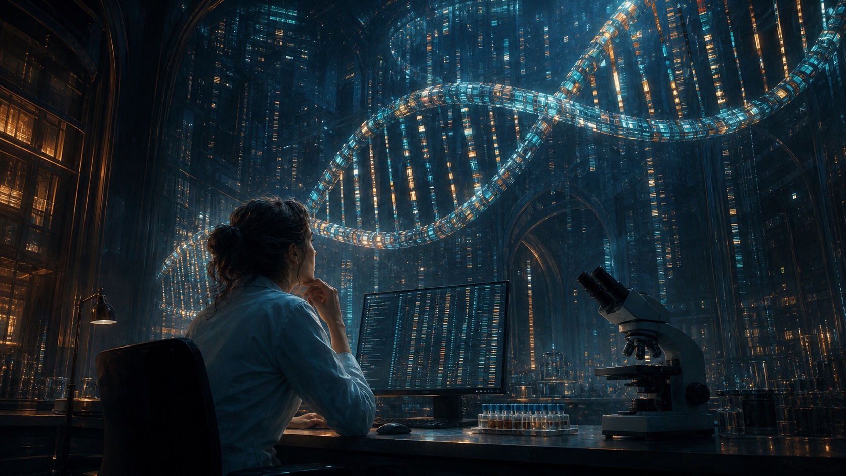 Conceptual illustration of a genomic researcher studying colored sequence patterns beneath an enormous luminous DNA helix.