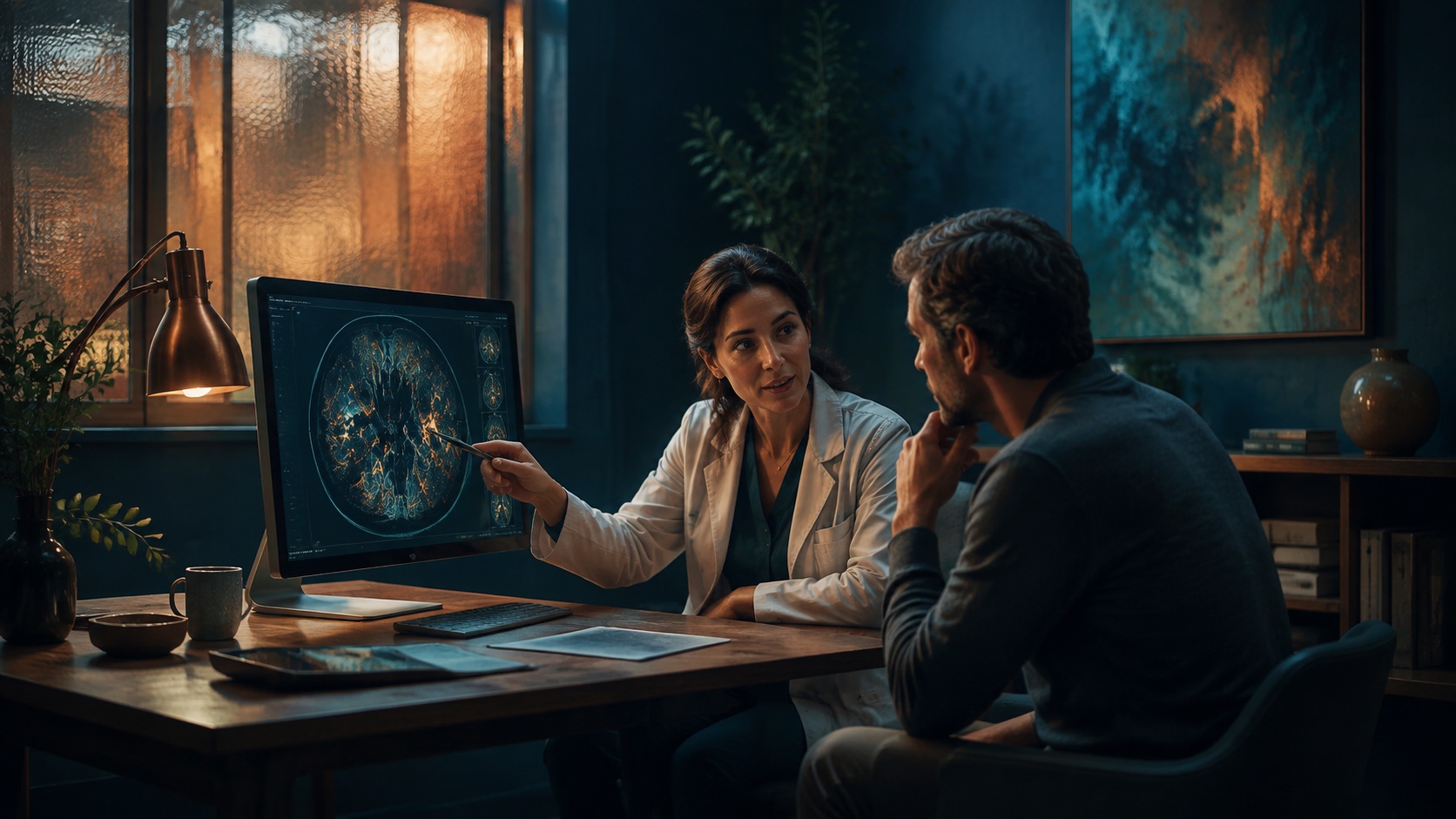 Conceptual illustration of a clinician and patient discussing an abstract medical scan in a calm consultation room.
