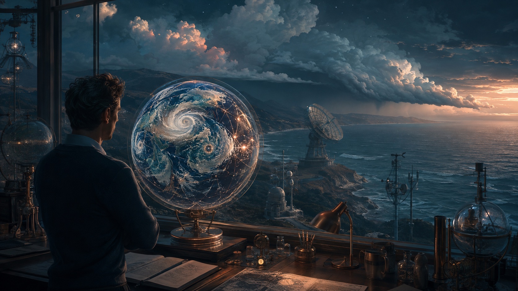 Conceptual illustration of a meteorologist observing a cloud-covered globe and a storm front from a coastal observatory.