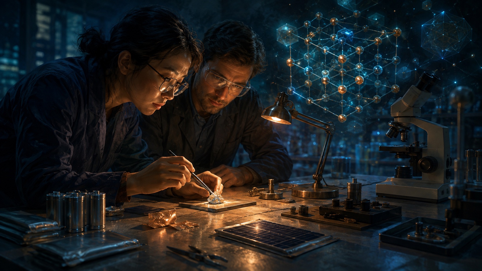 Conceptual illustration of two researchers examining a crystalline sample amid battery and solar testing components.