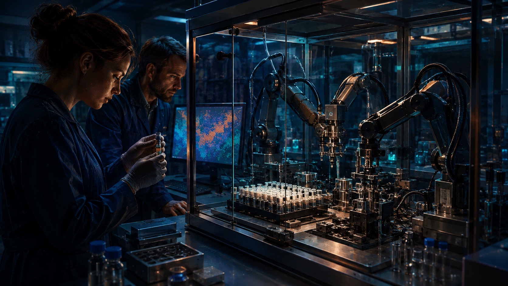Conceptual illustration of two scientists supervising robotic arms that handle sample vials inside a laboratory enclosure.