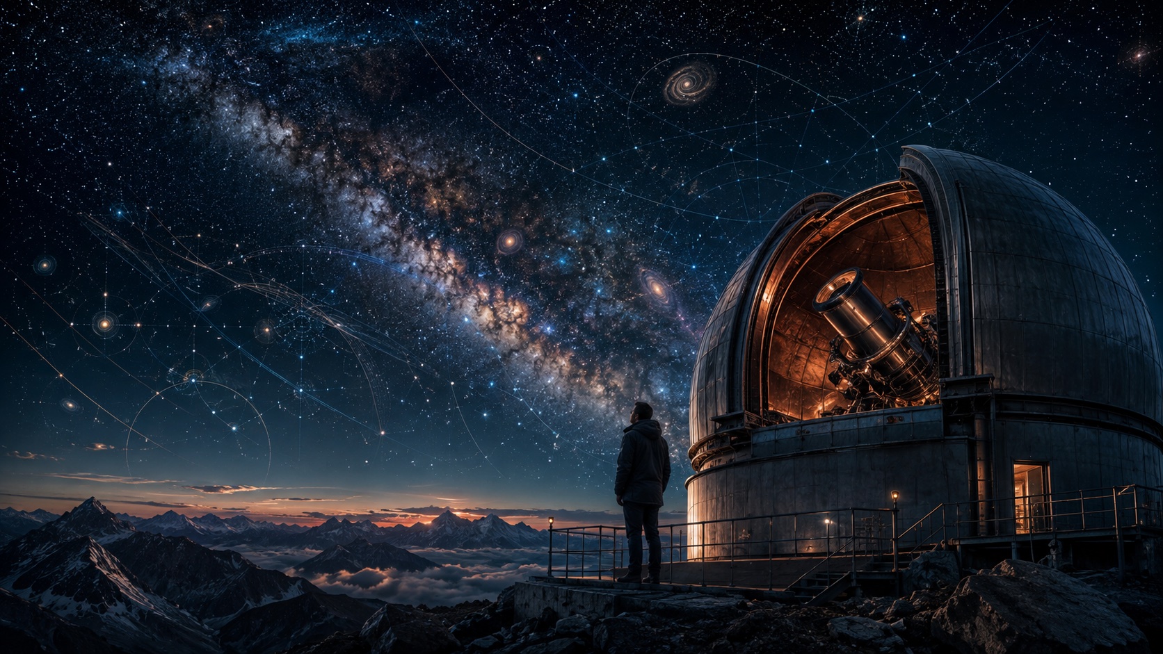 Conceptual illustration of an astronomer beside a mountain observatory beneath a vast starfield with subtle analytical arcs.