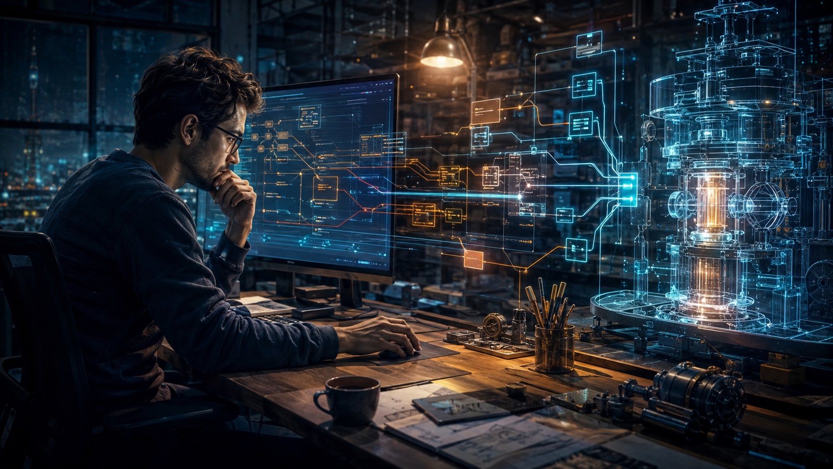 Conceptual illustration of a programmer reviewing abstract layers of luminous software structures in a contemporary workspace.