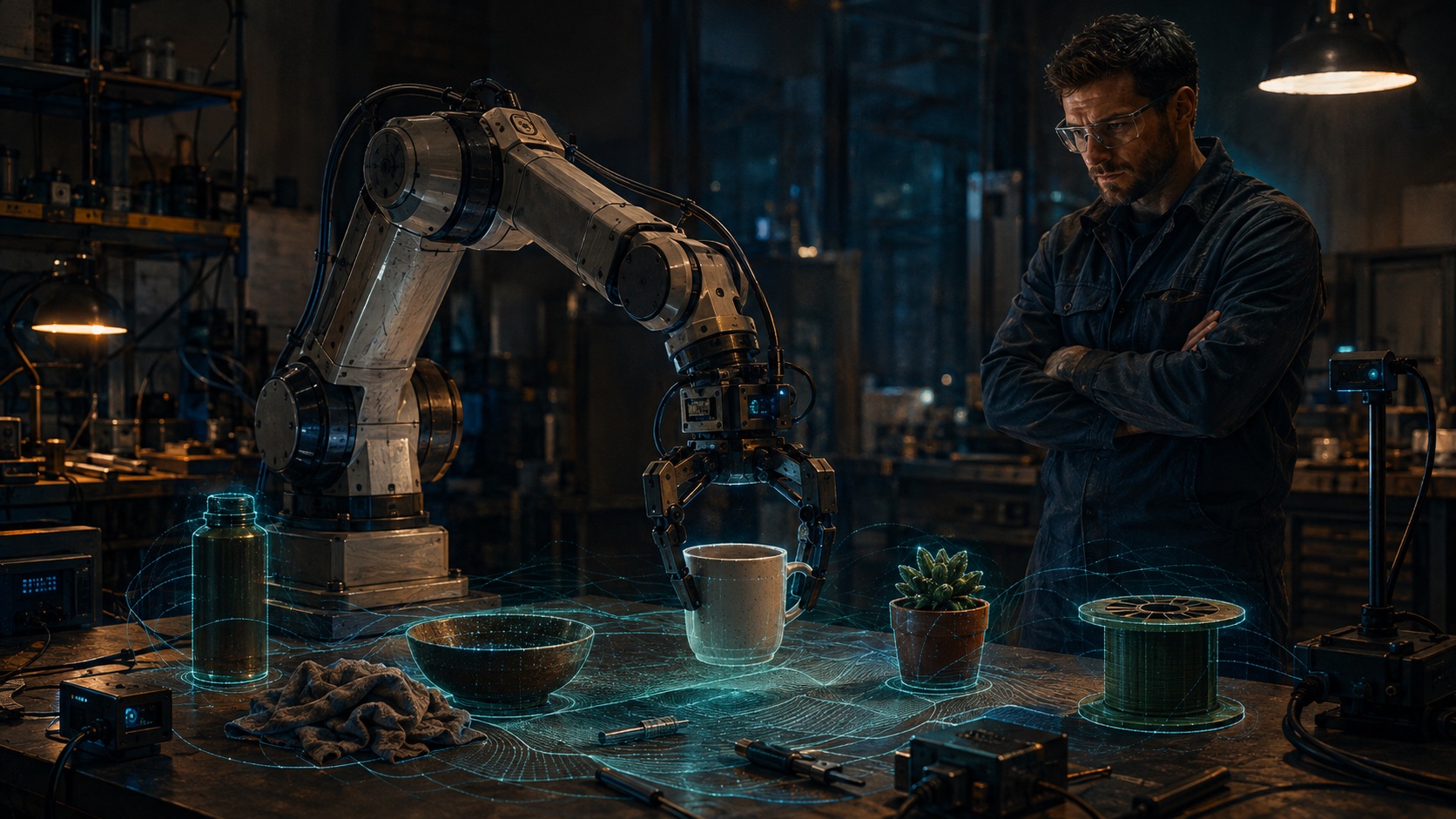 Conceptual illustration of a technician supervising a robot arm grasping a ceramic cup in a practical workshop.