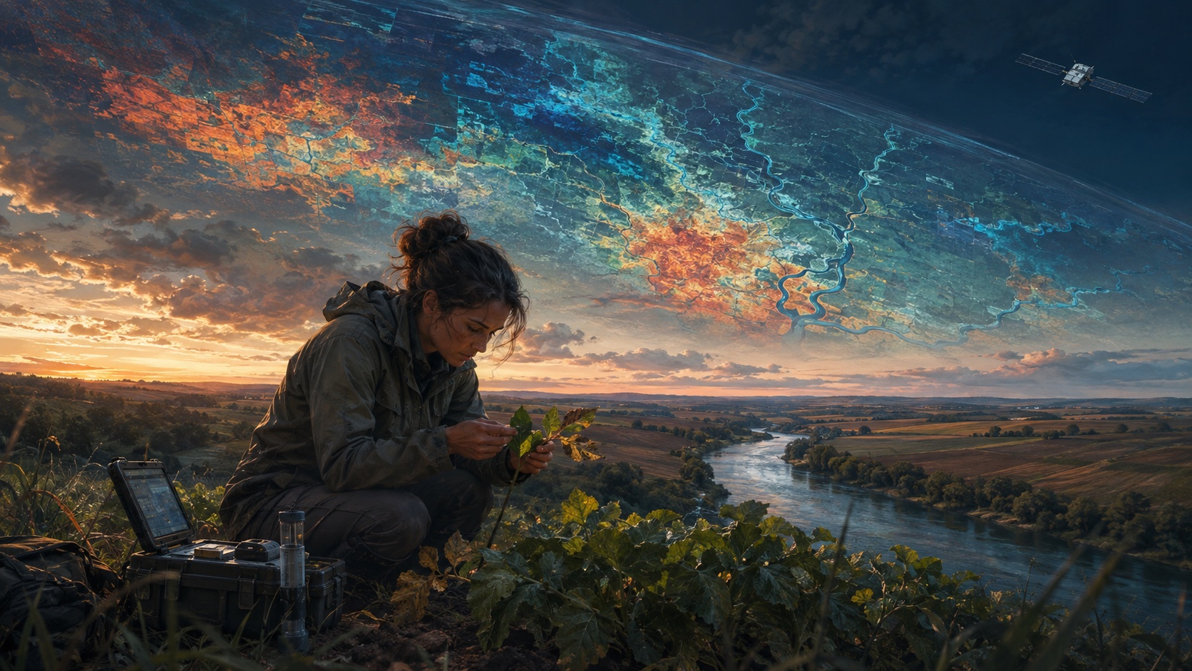 Conceptual illustration connecting a scientist inspecting crops beside a river with an abstract satellite view of farmland and ecosystems.