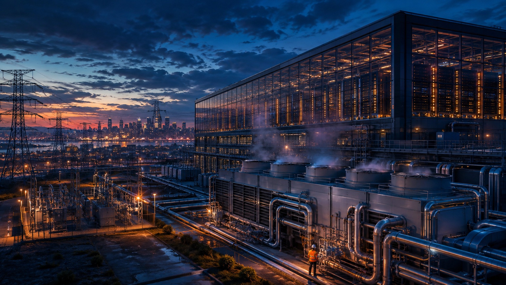 Conceptual illustration of a data center, cooling equipment and electrical infrastructure connected to a distant city.