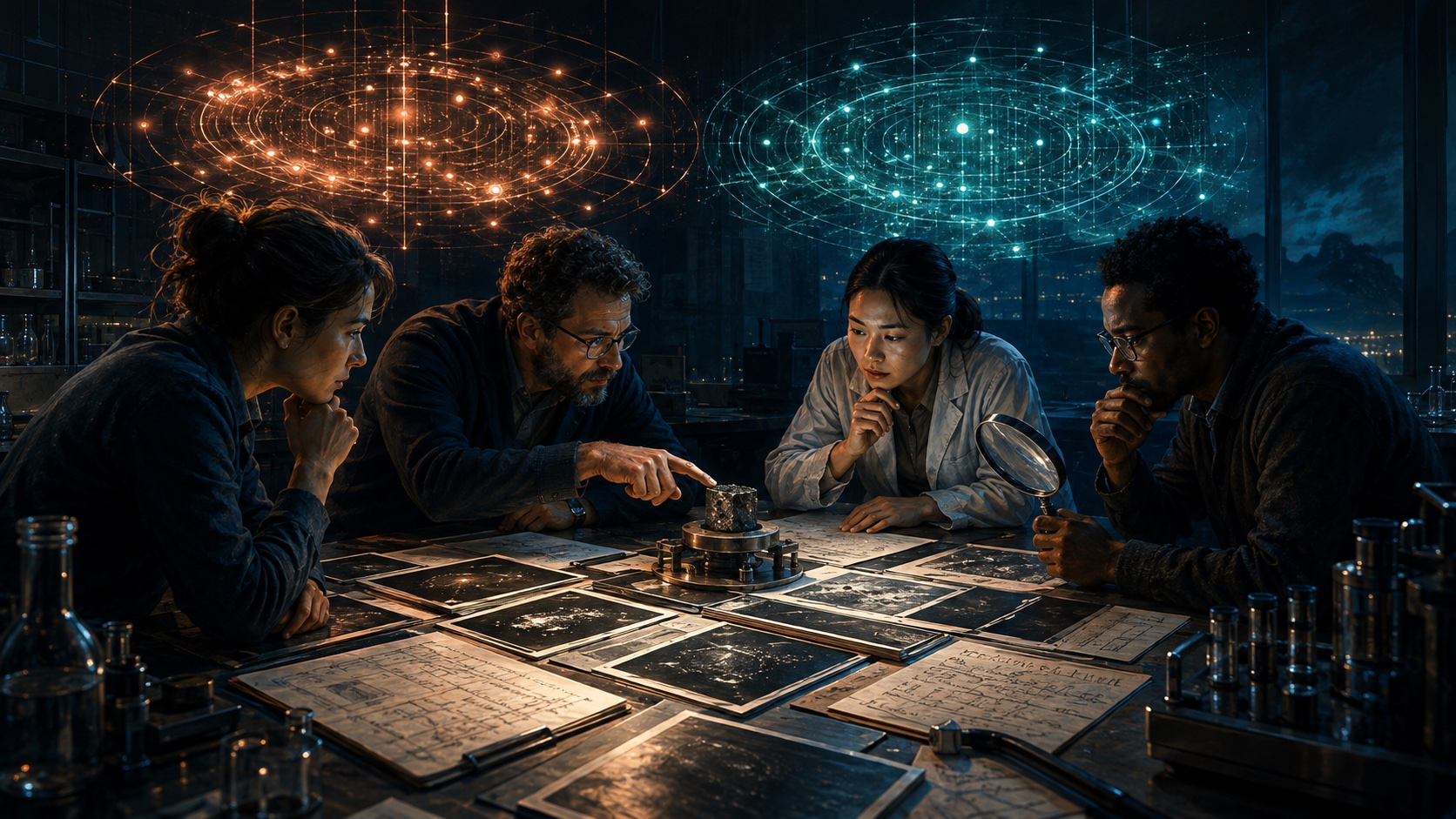 Conceptual illustration of scientists comparing specimens and evidence while two conflicting luminous result patterns hover above their table.