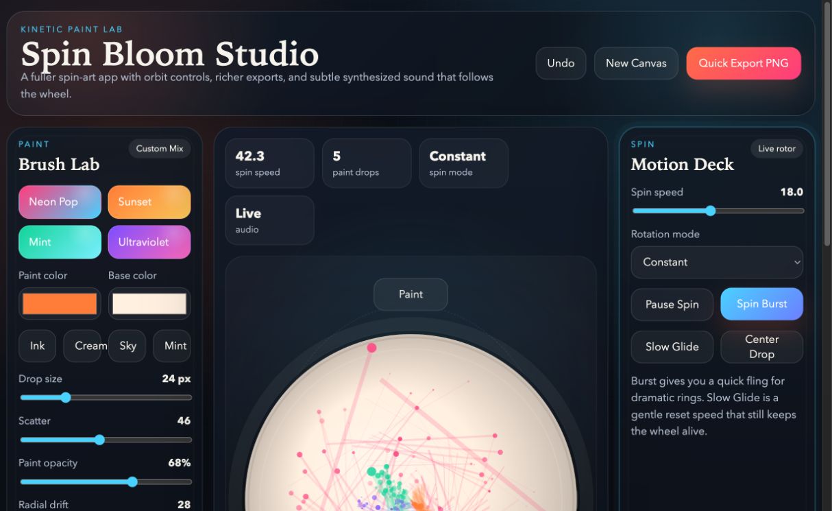 Spin Bloom Studio kinetic paint wheel with vivid colors and orbit controls