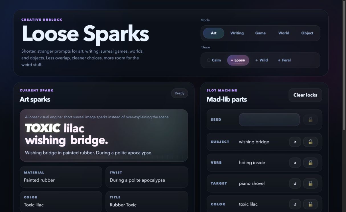 Creative Spark Loose Sparks prompt generator with mode, chaos and mad-lib controls