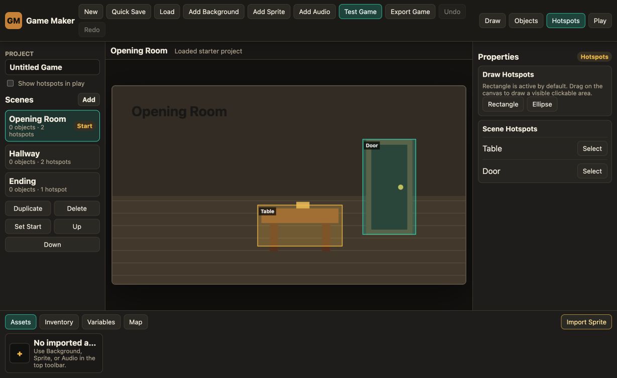 Game Maker scene editor with rooms, objects, hotspots and a playable opening room