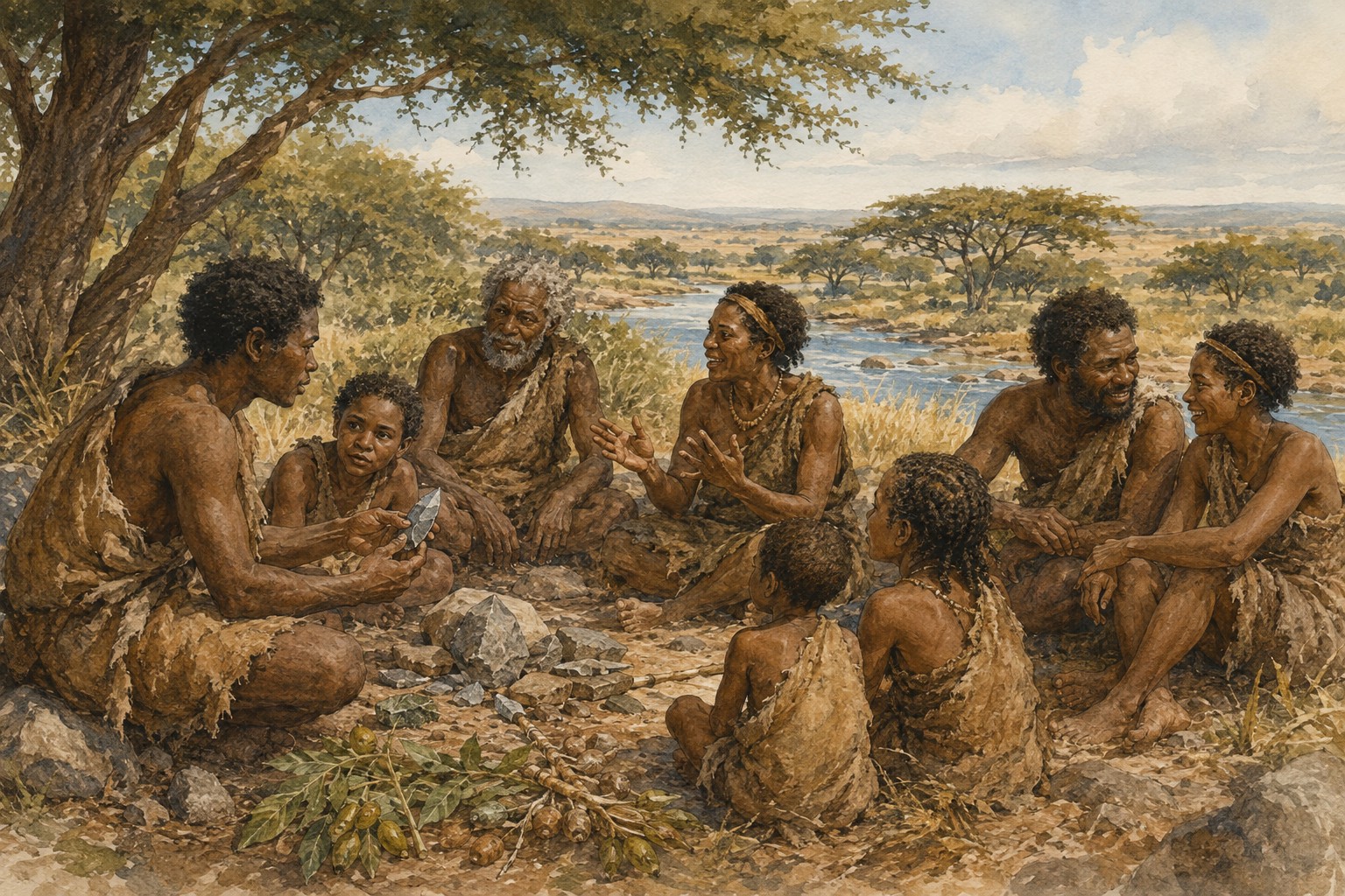 An imagined prehistoric community learning and communicating