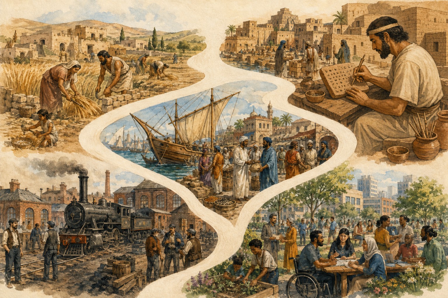 Separate scenes of farming, city records, trade, industry, and modern society