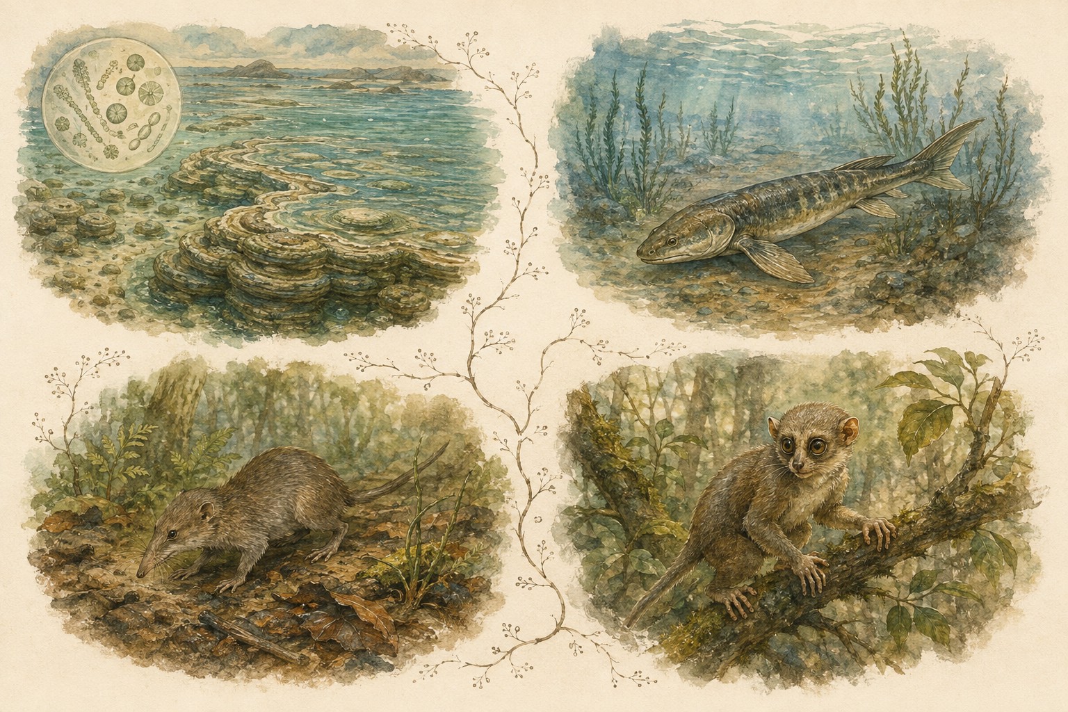 Conceptual scenes of ancient life and early mammal and primate relatives