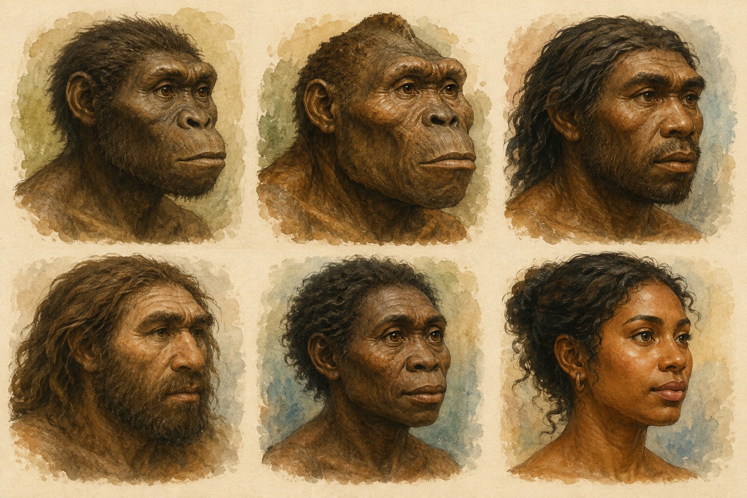 Imaginative portraits suggesting diversity among extinct human relatives