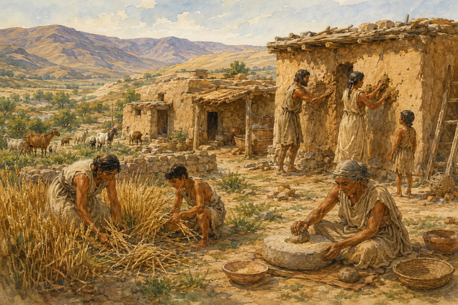 An imagined early farming village with people cultivating and preparing food
