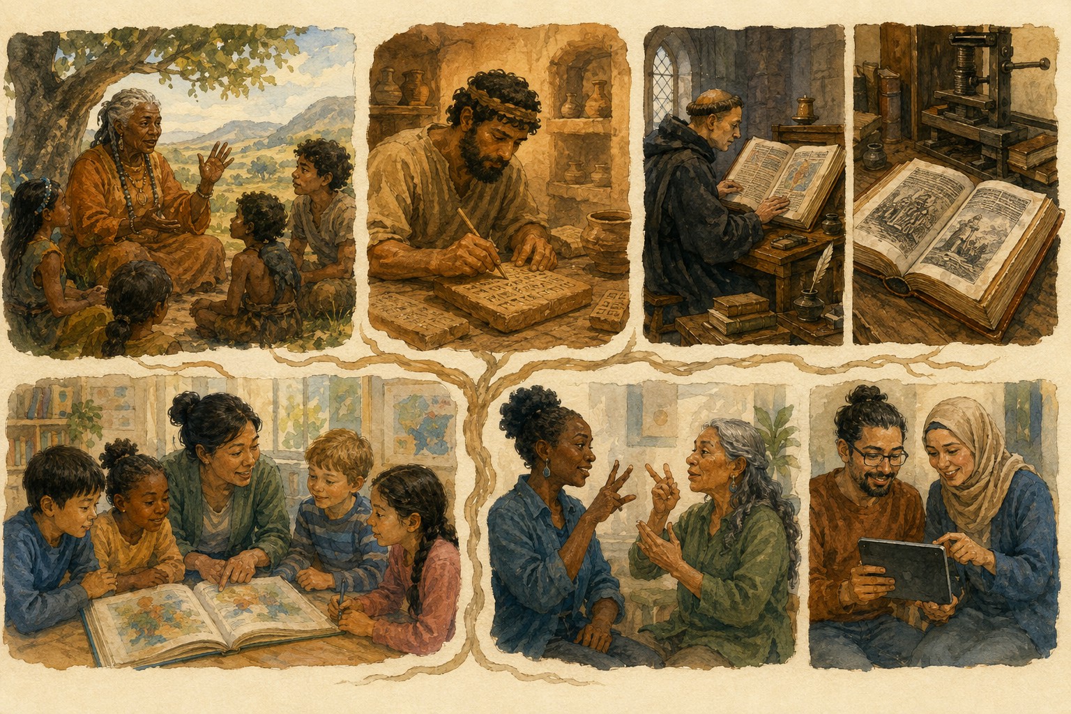 People sharing knowledge through conversation, signing, writing, books, and computers
