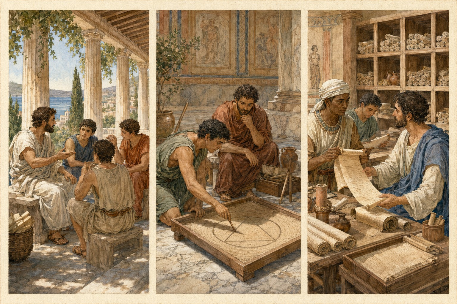 Imagined scenes of Greek discussion, geometry, and scroll scholarship