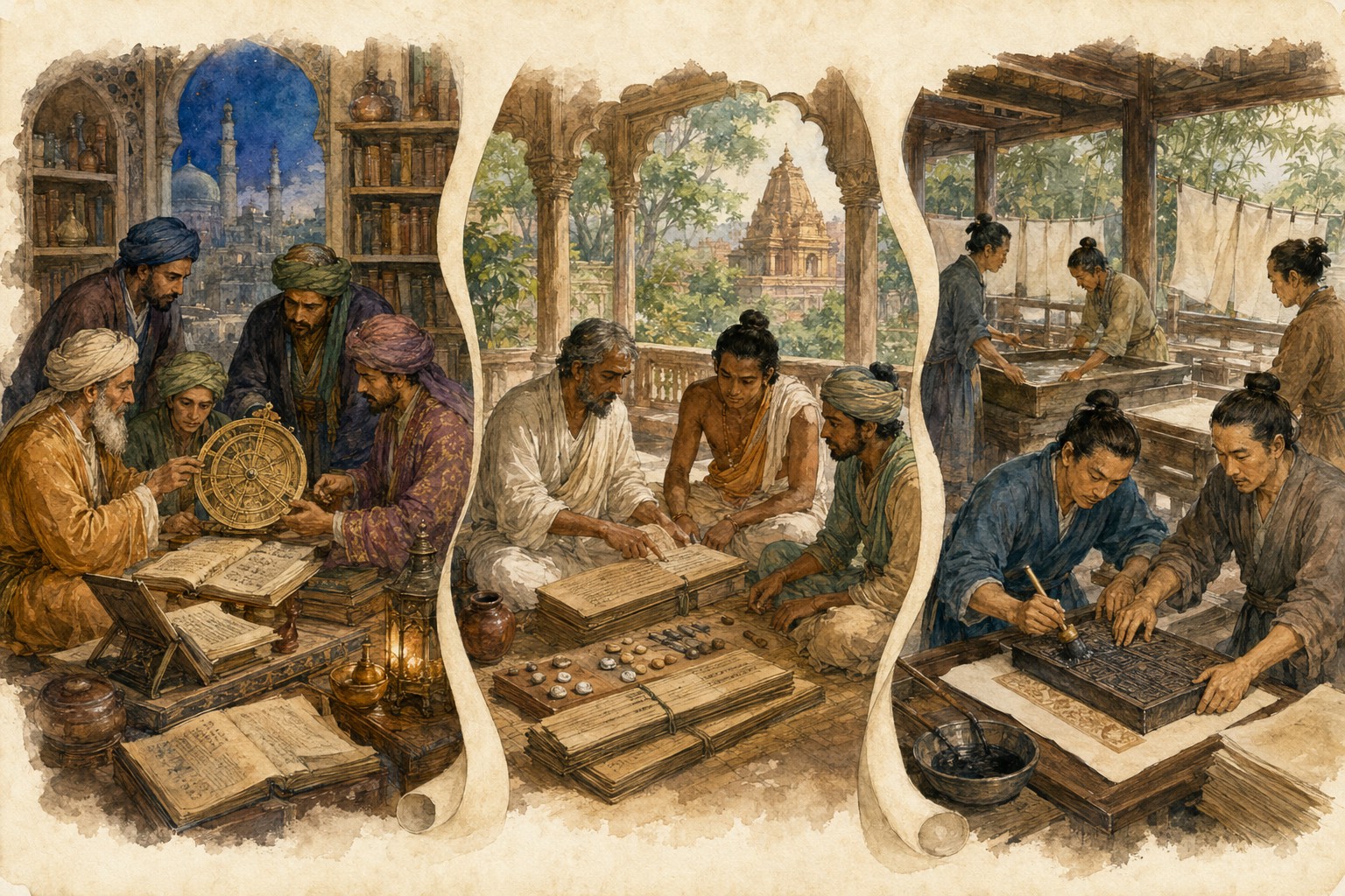 Separate scholarly and craft scenes inspired by Baghdad, India, and China
