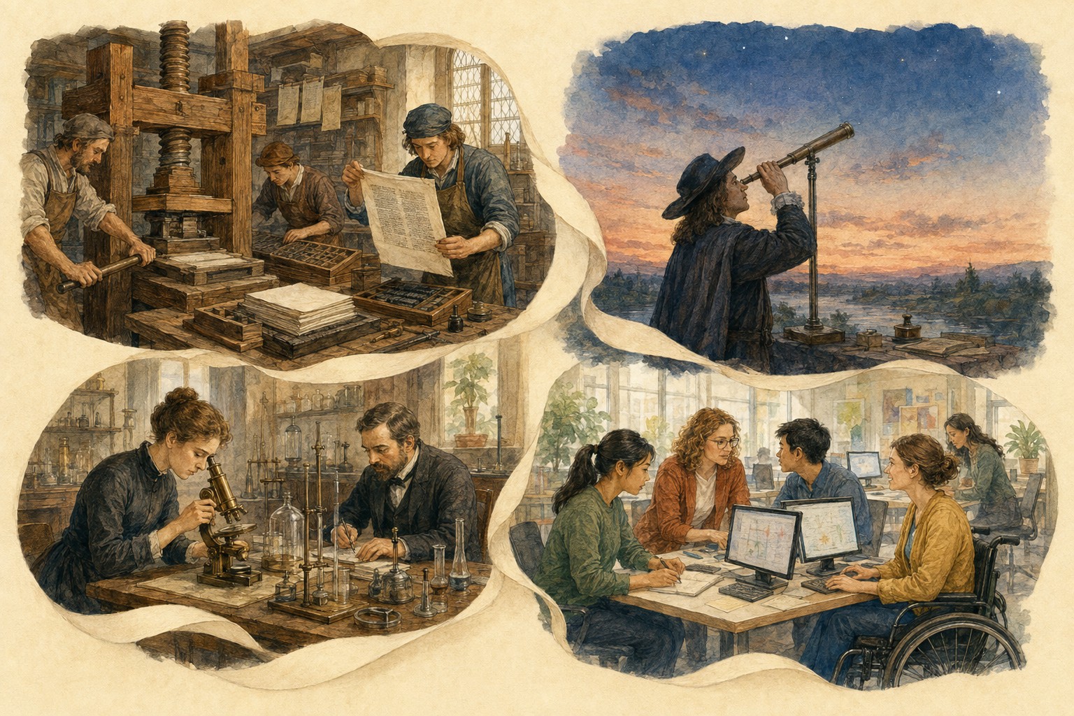Separate scenes of printing, scientific instruments, laboratories, and computing