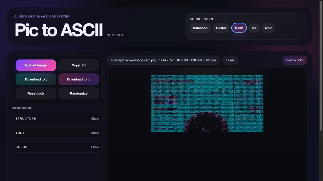 Pic to ASCII converter rendering a colorful app interface as neon text characters