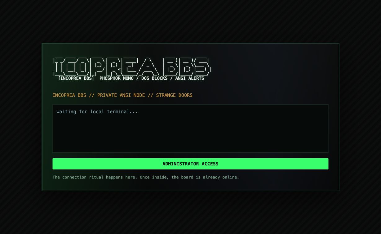 Incoprea BBS green phosphor terminal waiting at the private ANSI node entrance